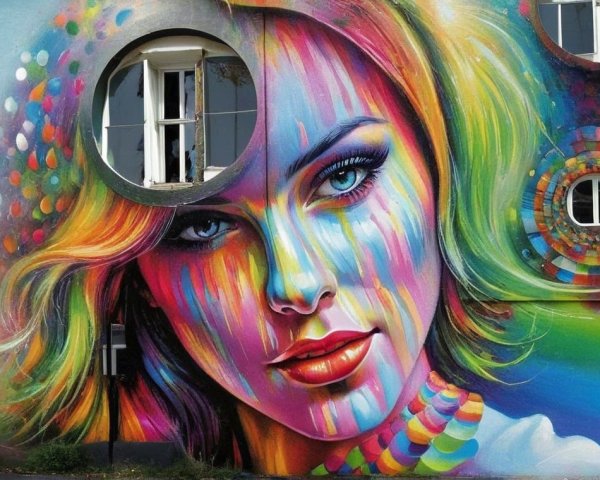 Vibrant Mural of Woman with Colorful Portrait and Windows