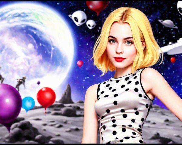 Stylish Woman in Polka Dot Dress in Cosmic Scene