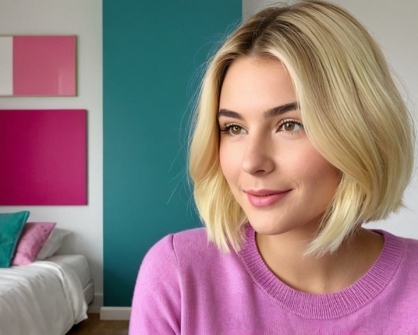 Young Woman in Purple Sweater with Modern Decor