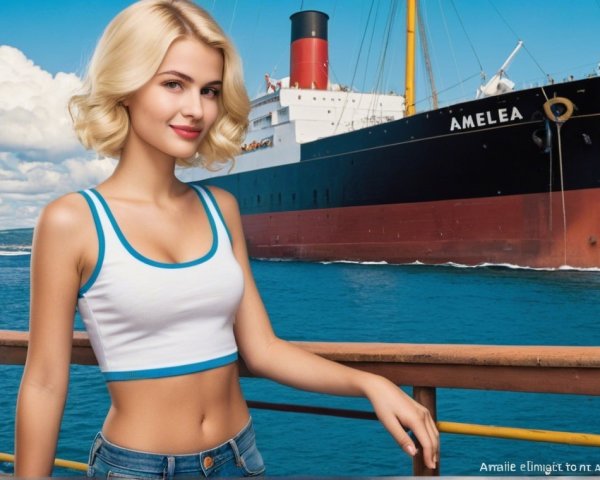 Young woman by the water with ship in harbor