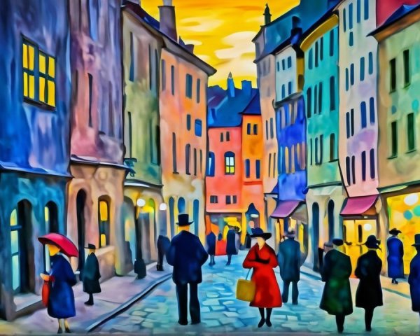 Nighttime Street Scene in a European Town Illustration