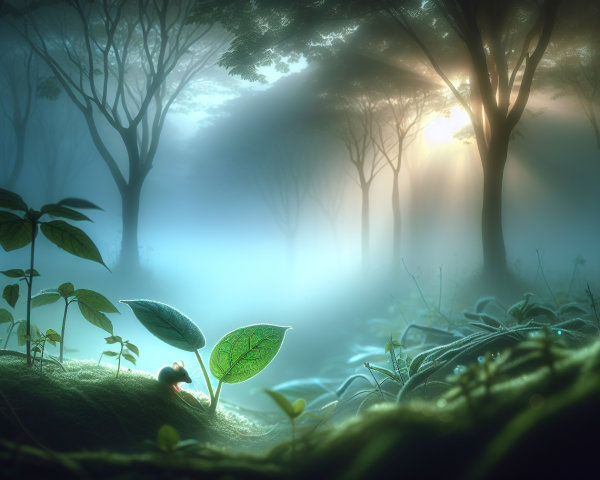 Serene misty forest with sunlight and lush greenery