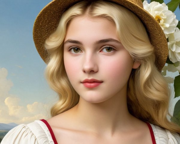Young woman in straw hat amidst serene nature scene