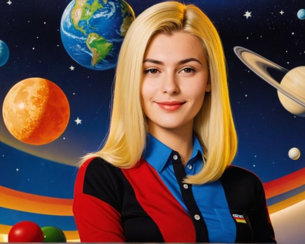 Young Woman Smiling in Cosmic Space Scene