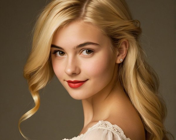 Young woman with blonde curls in lace blouse
