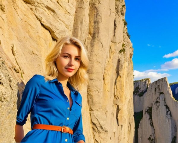 Young Woman in Vibrant Blue Shirt Against Cliffs