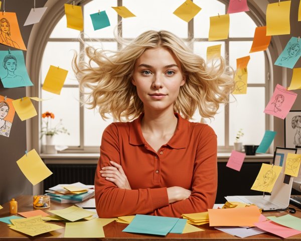 Young Woman in Room with Colorful Sticky Notes