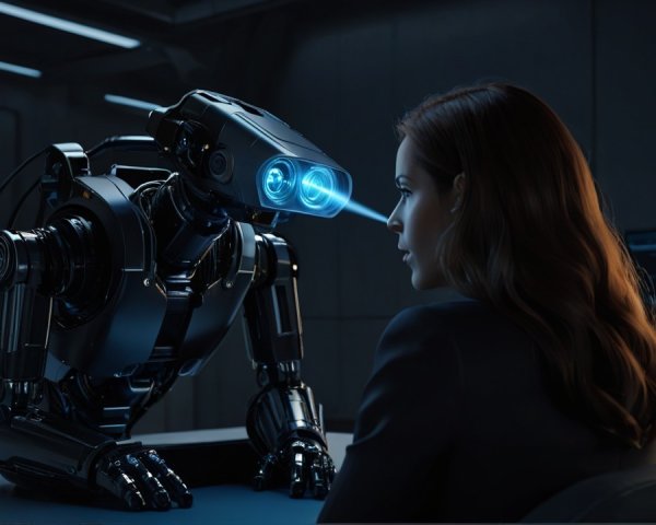 Futuristic Office Scene with Robot and Woman Engaged in Dialogue