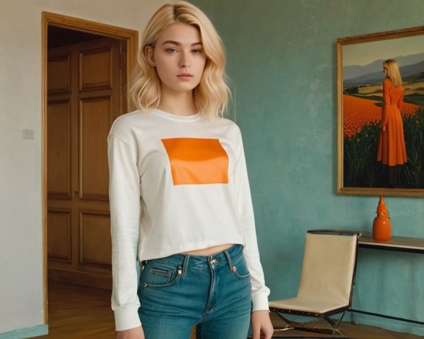 Young woman in stylish room with vibrant decor