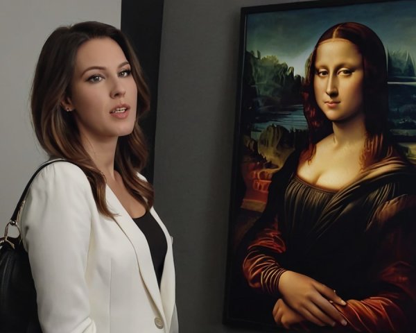 Woman in White Blazer Beside Mona Lisa Painting