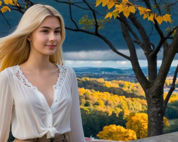 Young Woman in White Blouse Amid Autumn Landscape