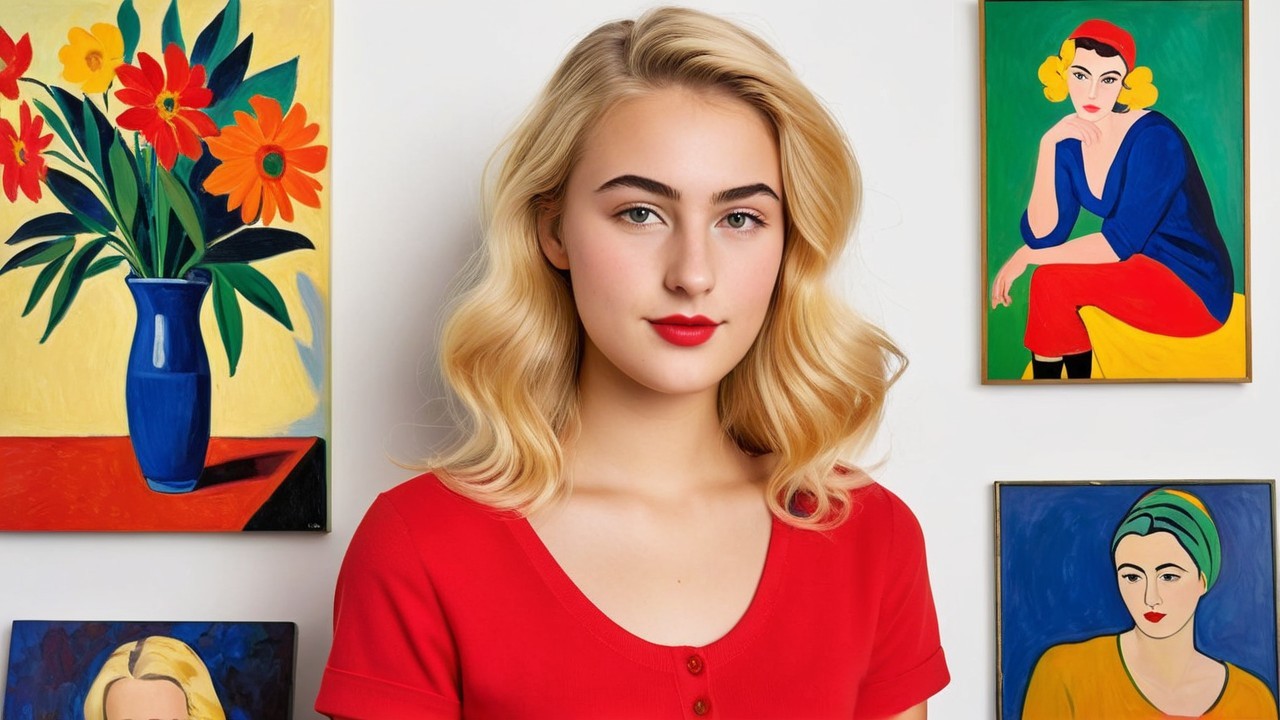Young Woman Posing with Colorful Artwork Background