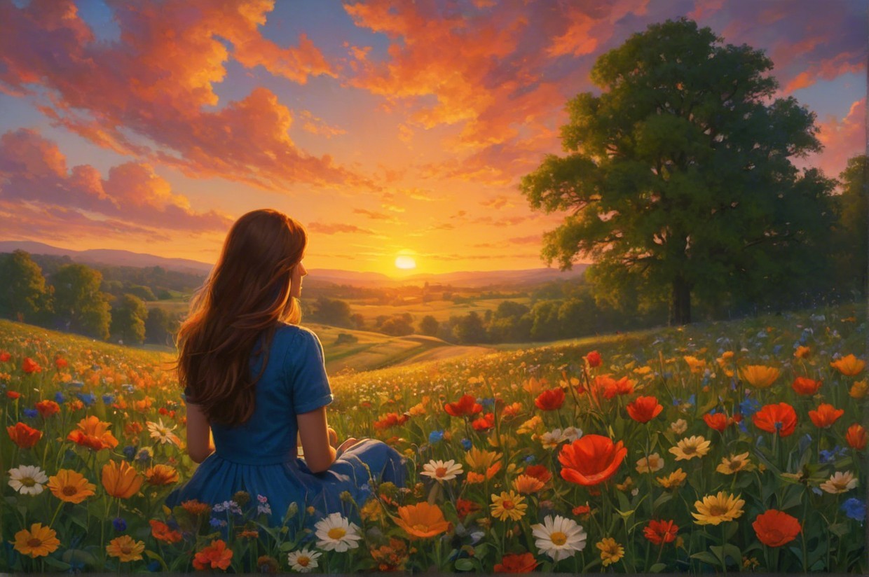Young woman in wildflower field at sunset