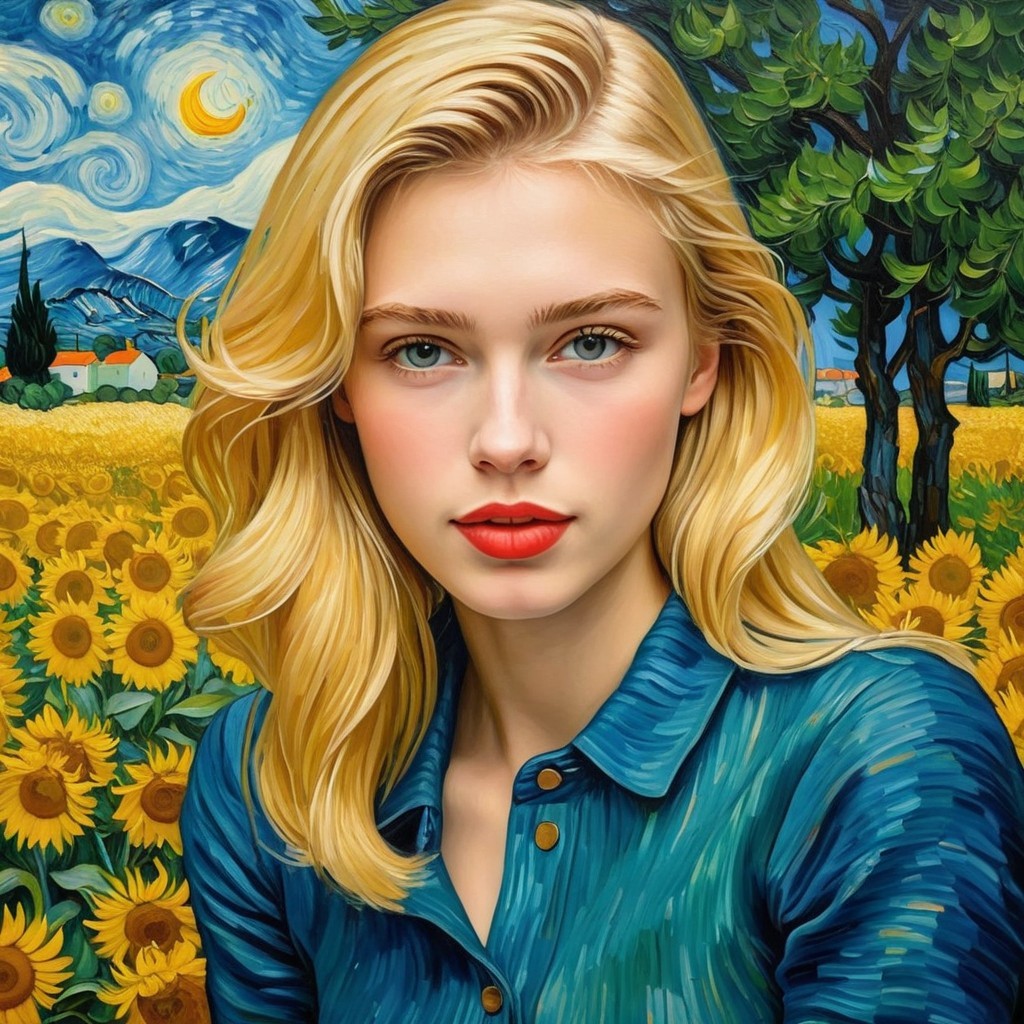 Young woman with blonde hair in a sunflower landscape