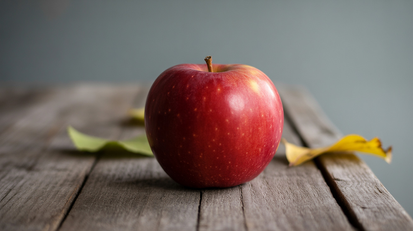 Close-up of a red apple on rustic wooden table