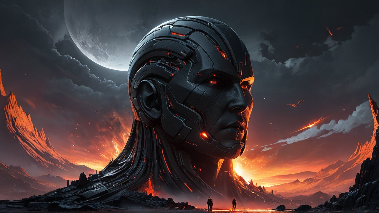 Futuristic Humanoid Head in Dramatic Landscape
