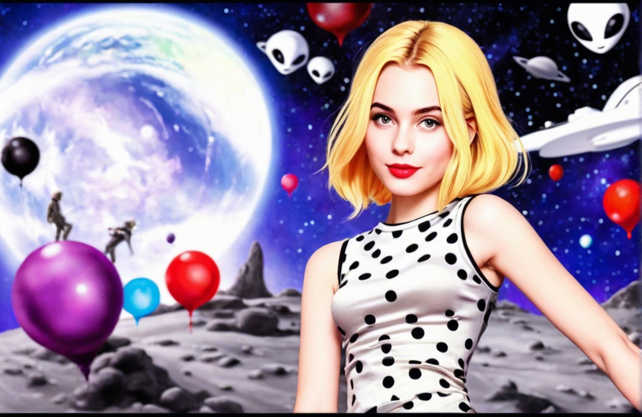 Stylish Woman in Polka Dot Dress in Cosmic Scene
