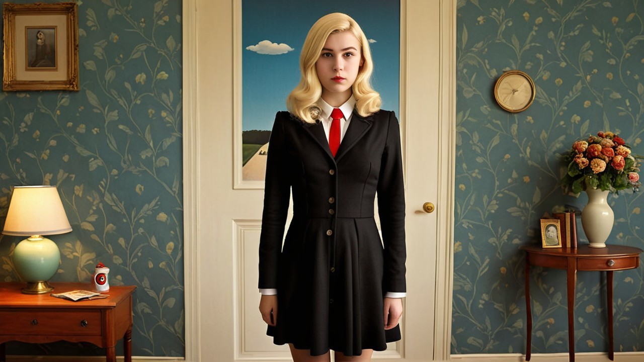 Young woman in chic blazer dress in stylish room