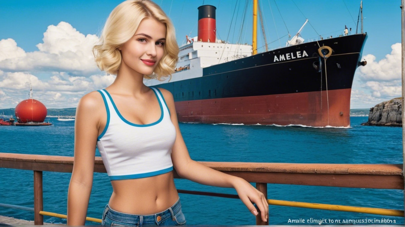 Young woman by the water with ship in harbor