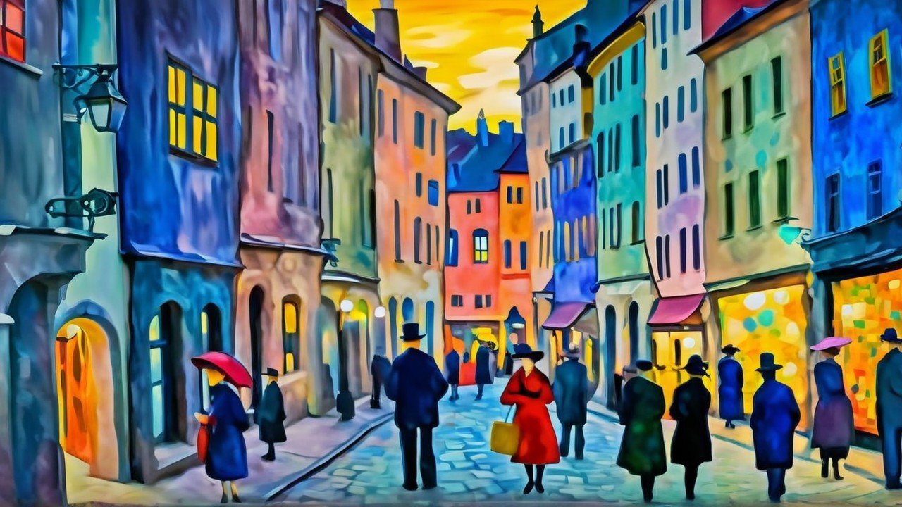 Nighttime Street Scene in a European Town Illustration