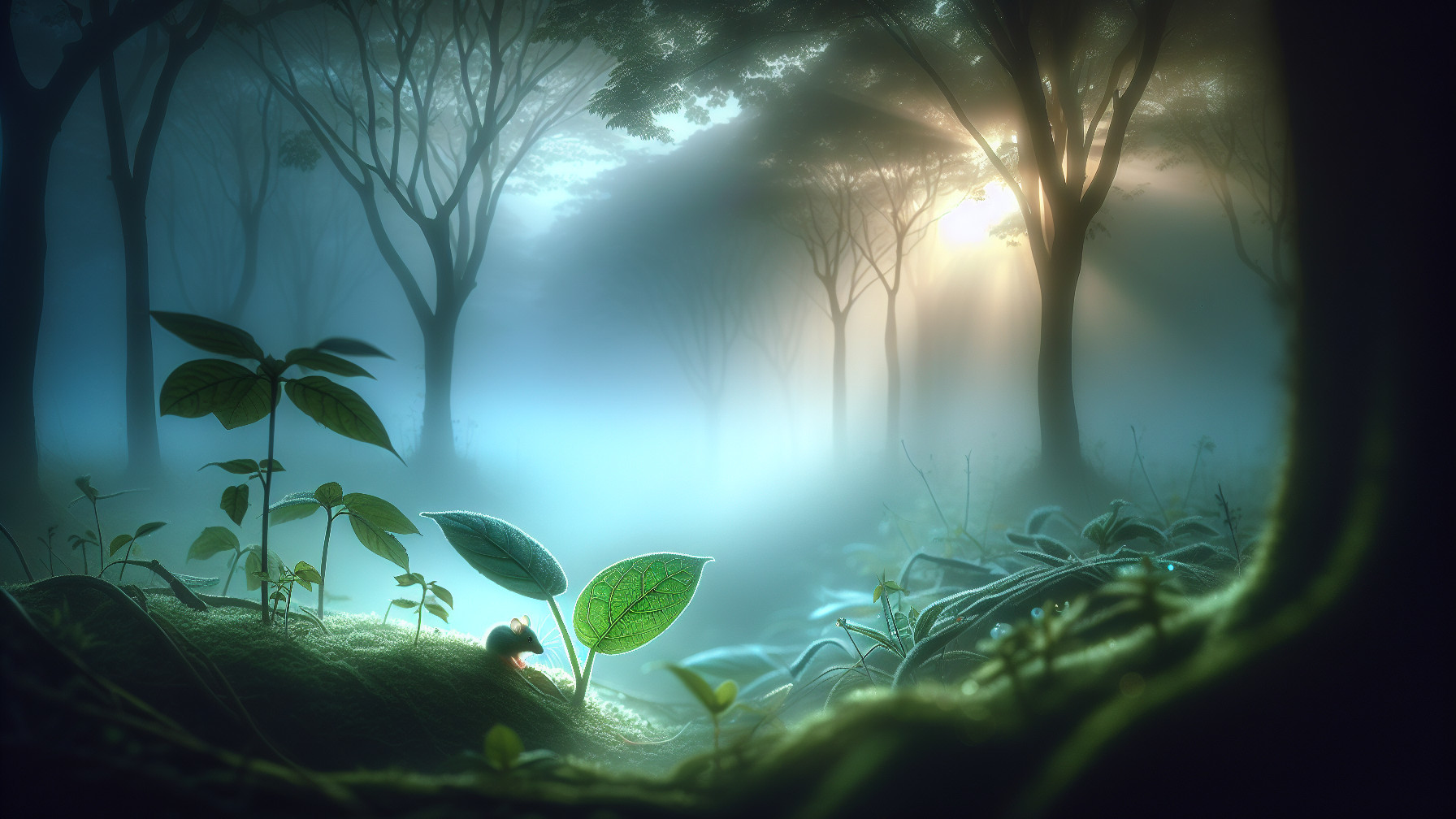 Serene misty forest with sunlight and lush greenery
