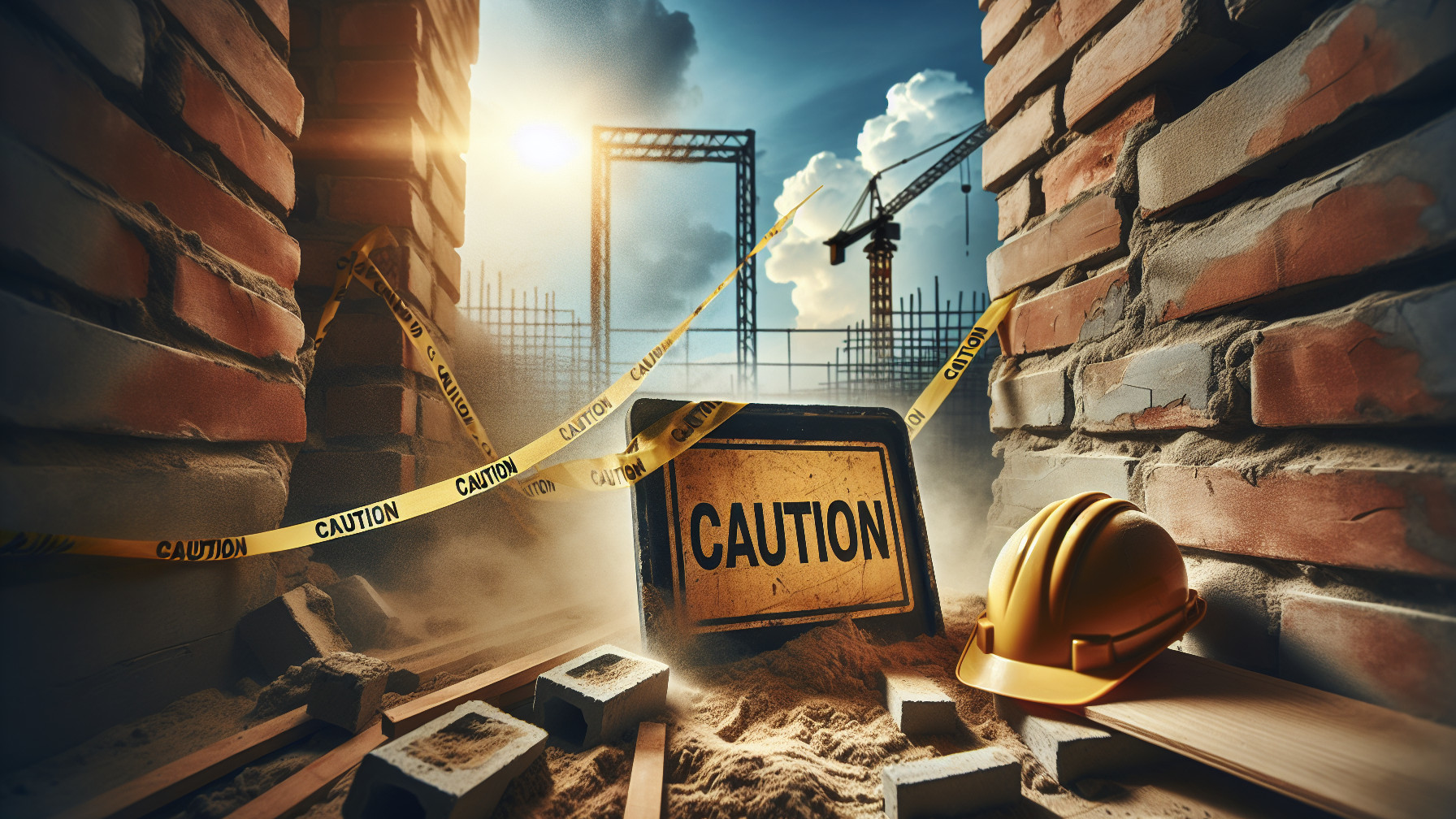 Construction Site with Partially Collapsed Wall and Debris