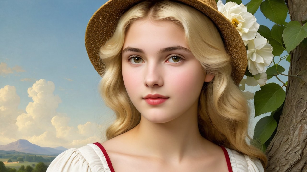 Young woman in straw hat amidst serene nature scene
