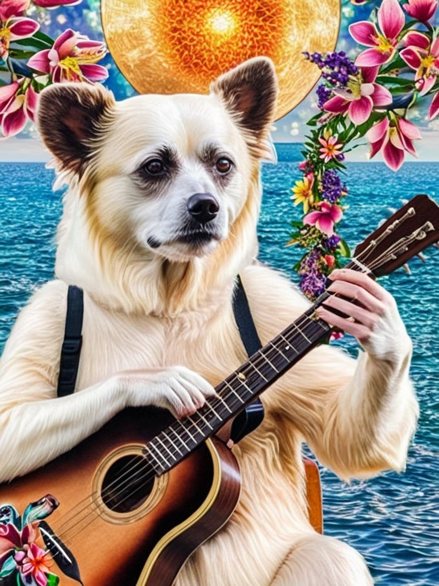 Whimsical Dog Playing Guitar in Vibrant Nature Scene
