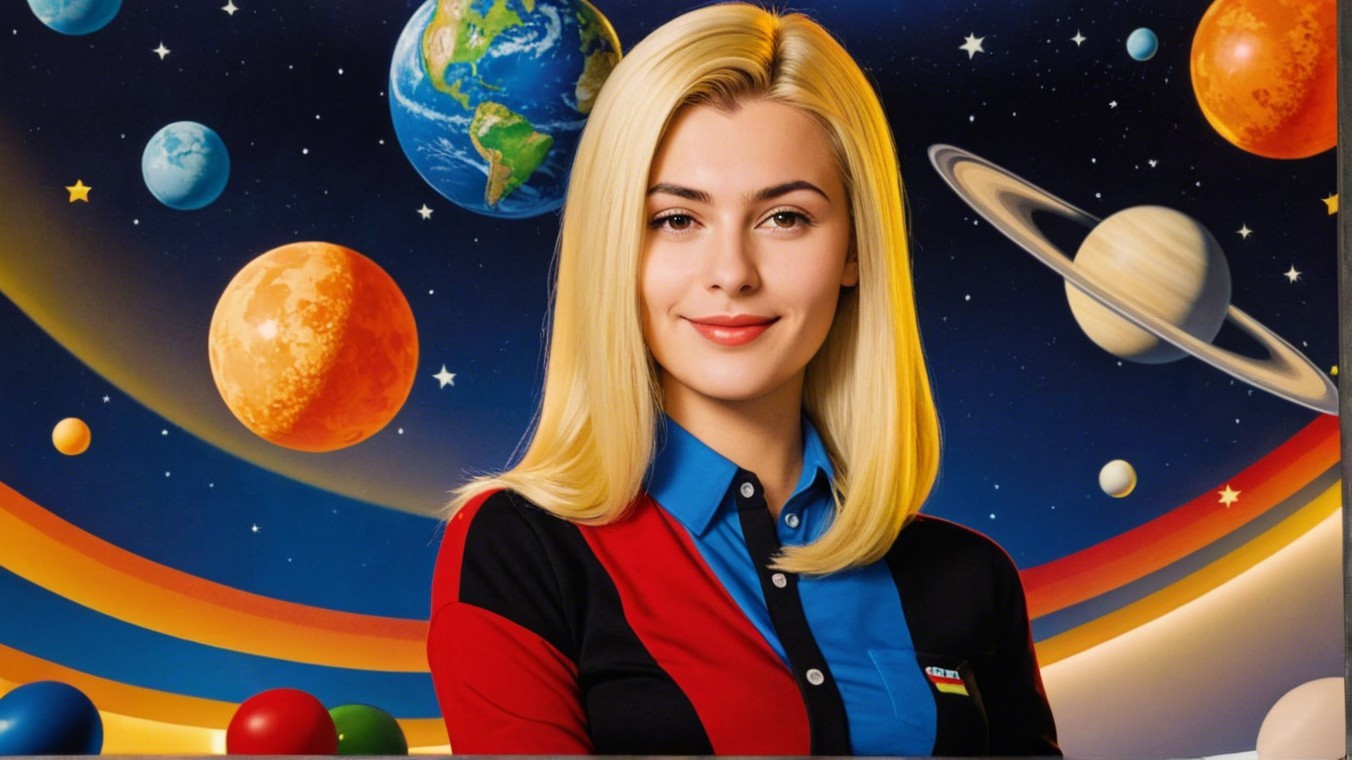 Young Woman Smiling in Cosmic Space Scene