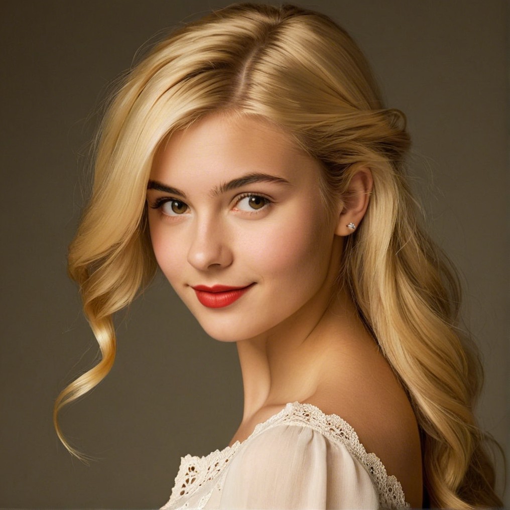 Young woman with blonde curls in lace blouse