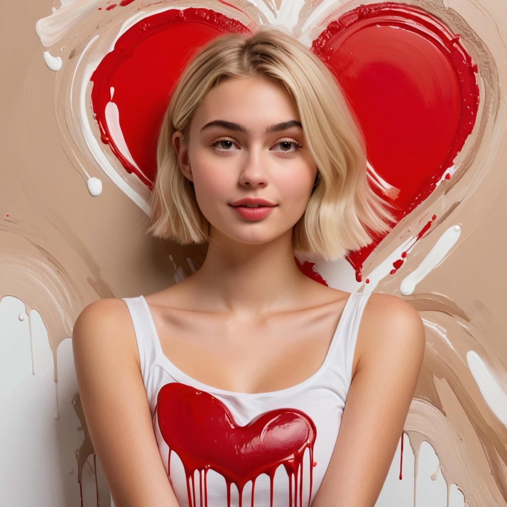 Young woman in white tank top with red heart backdrop
