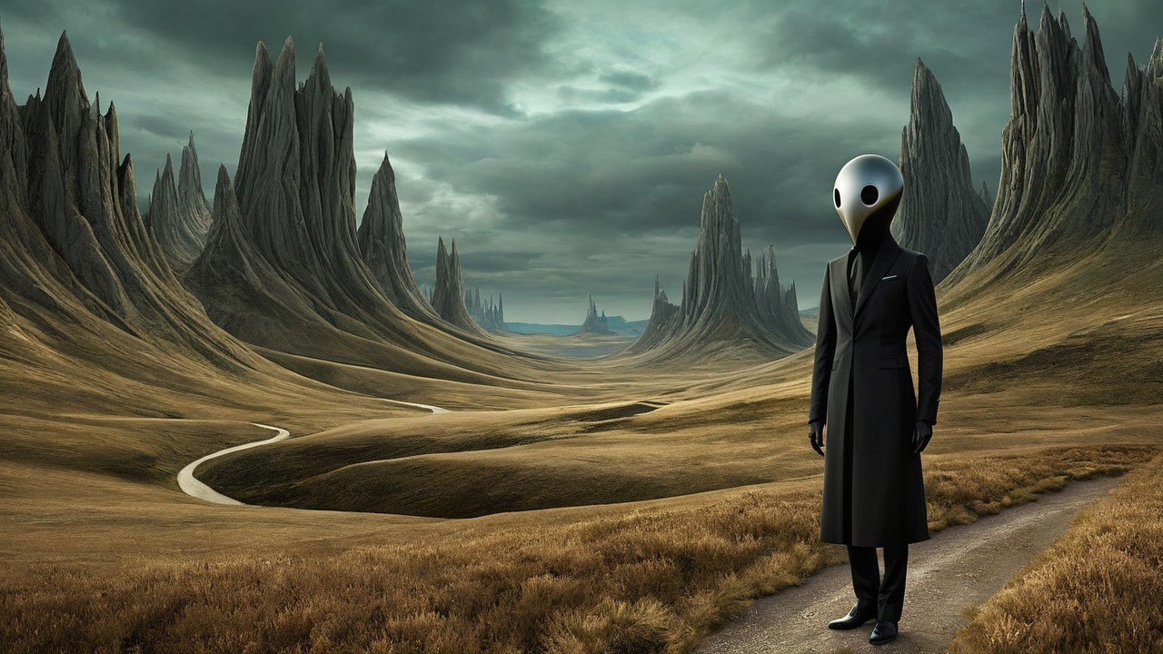 Surreal Landscape with Alien Figure and Dramatic Mountains