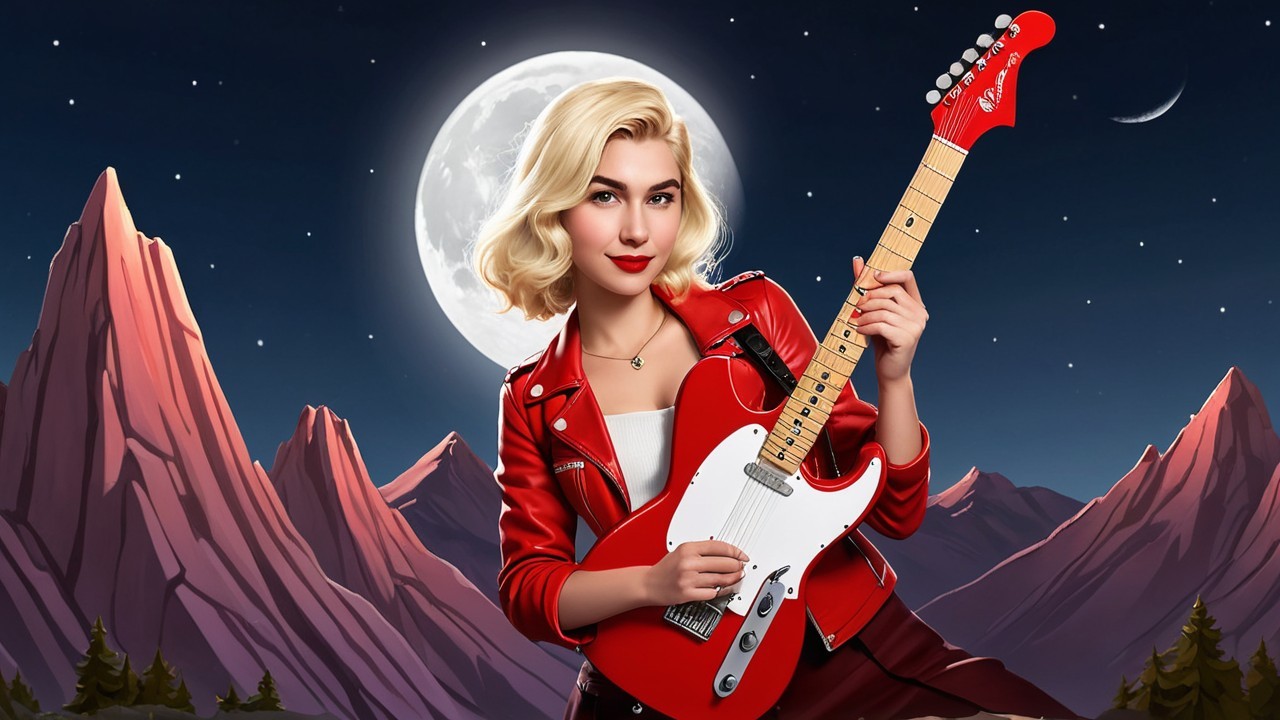 Young Woman with Guitar Under Moonlit Mountains