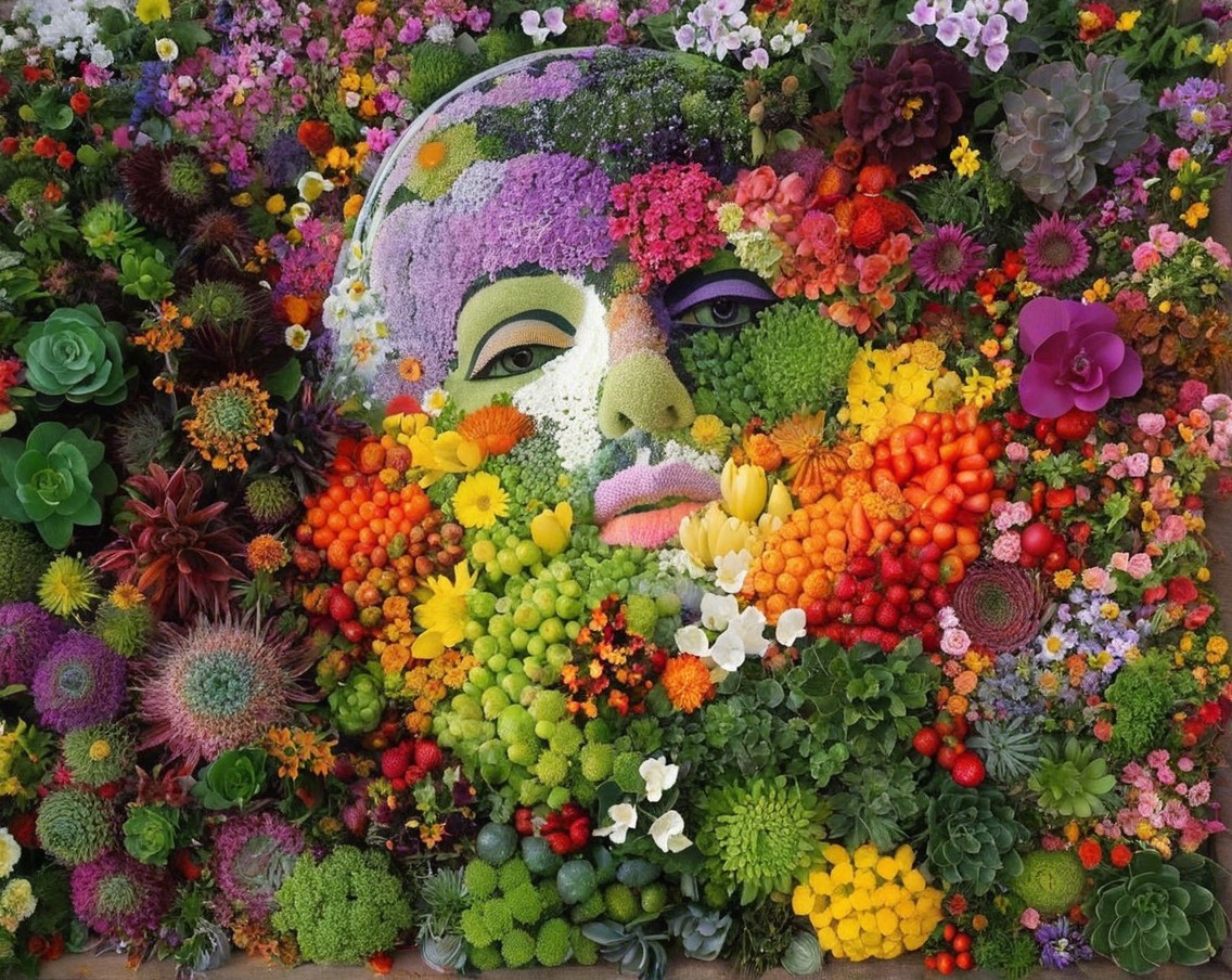 Vibrant Floral and Fruit Arrangement with Hidden Face