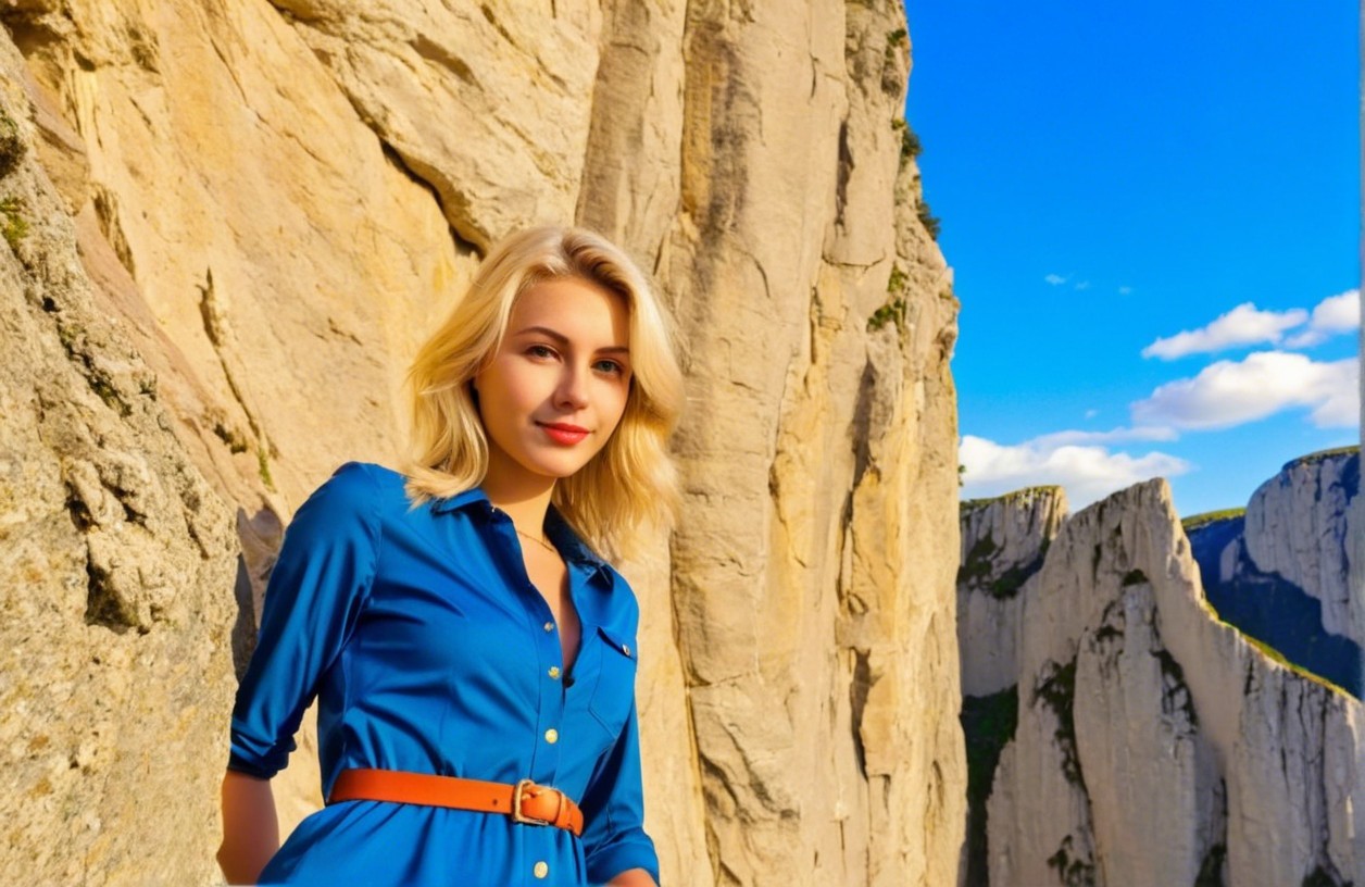 Young Woman in Vibrant Blue Shirt Against Cliffs