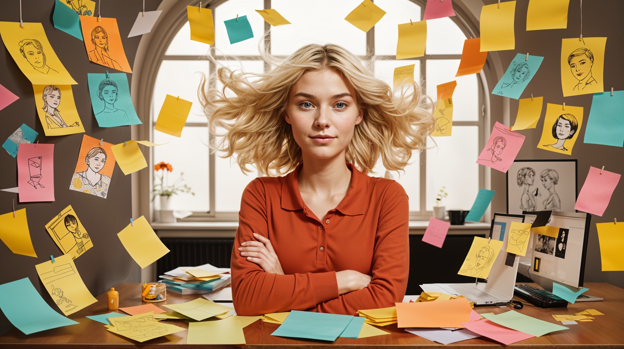 Young Woman in Room with Colorful Sticky Notes