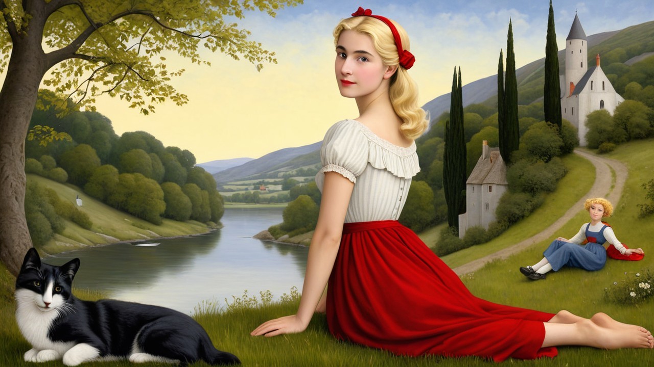 Serene Riverbank Scene with Woman and Child
