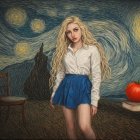 Young Woman in White Blouse and Blue Skirt Portrait