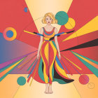 Vibrant Woman in Colorful Striped Dress with Geometric Background
