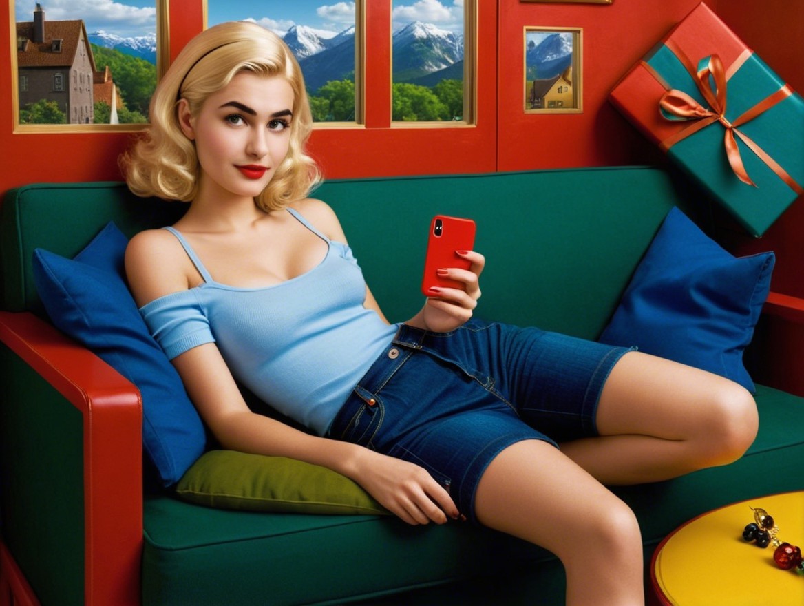 Young Woman Relaxing on Colorful Couch with Smartphone