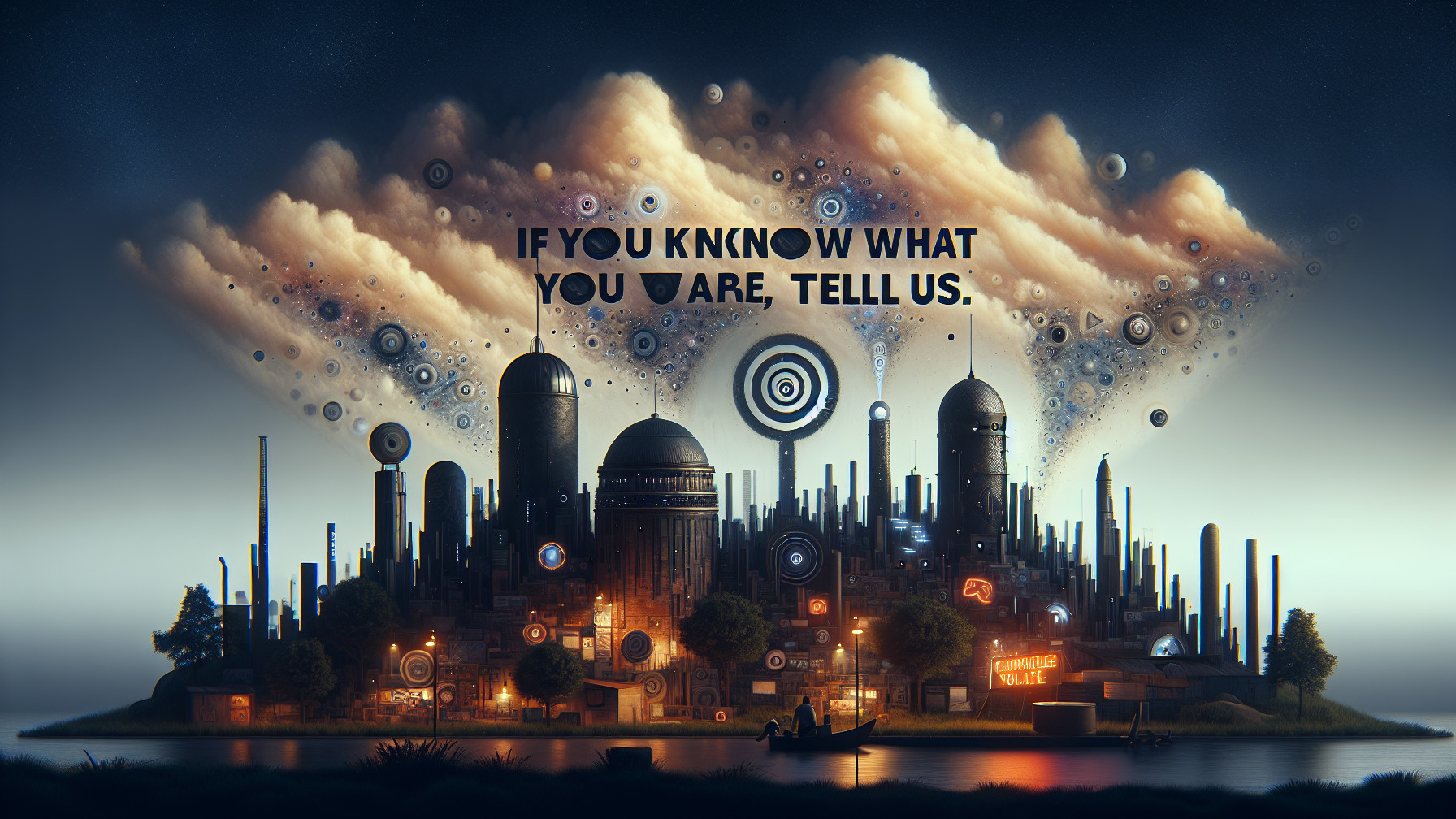 Surreal Cityscape with Unique Structures and Clouds