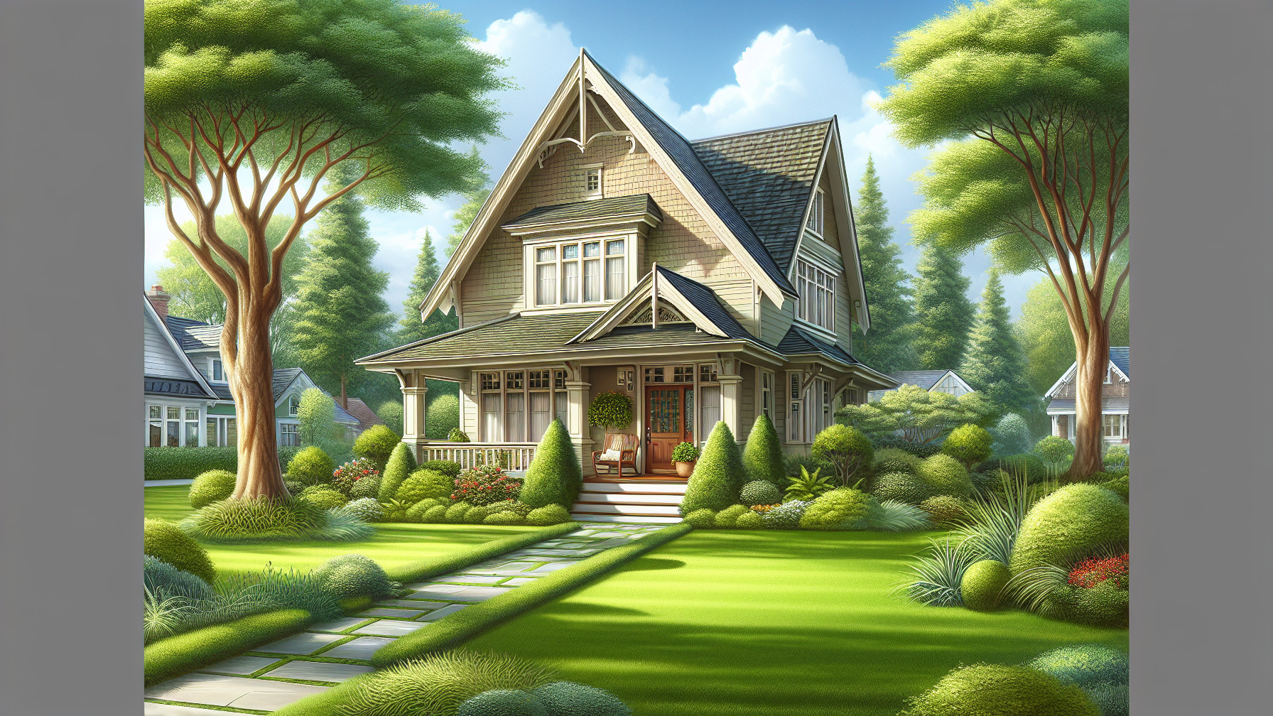 Charming House Surrounded by Lush Greenery and Shade
