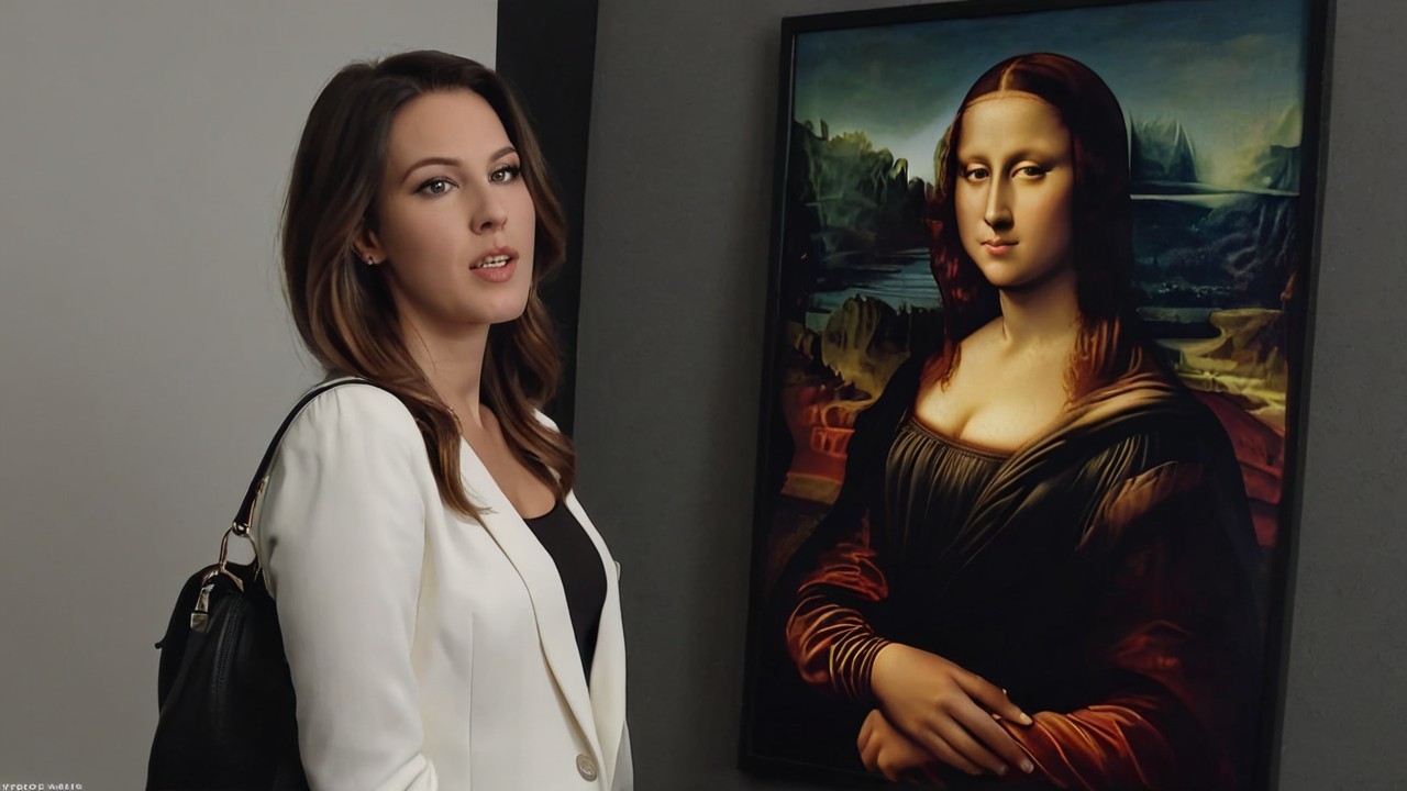 Woman in White Blazer Beside Mona Lisa Painting