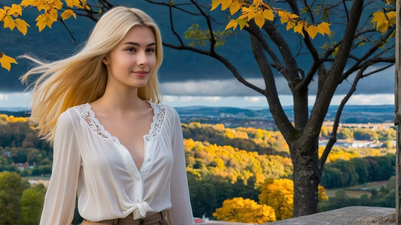Young Woman in White Blouse Amid Autumn Landscape