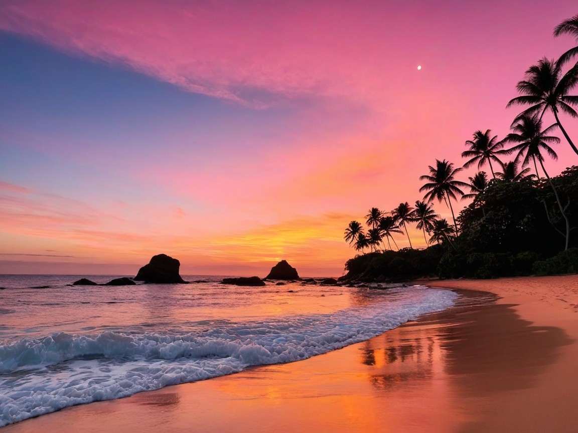 Serene Beach Sunset with Vibrant Sky and Silhouetted Palms