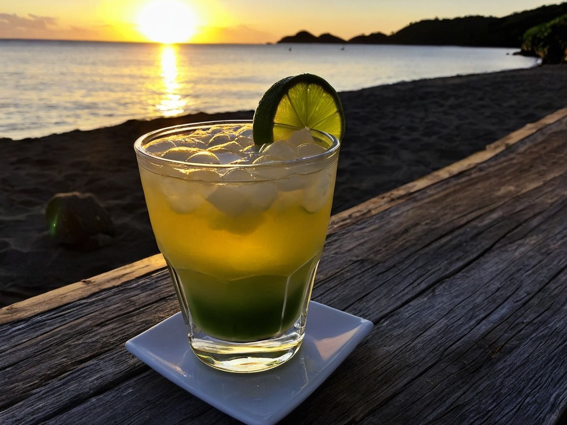 Refreshing cocktail with lime slice at sunset beach