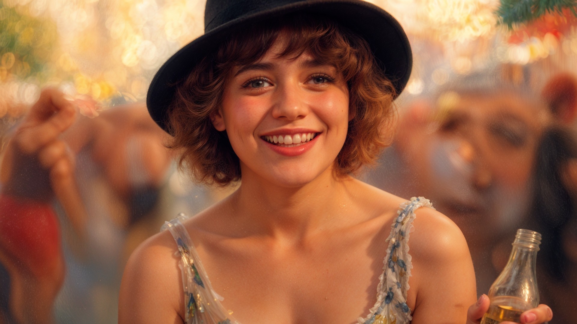 Young woman in a black hat smiles in festive crowd