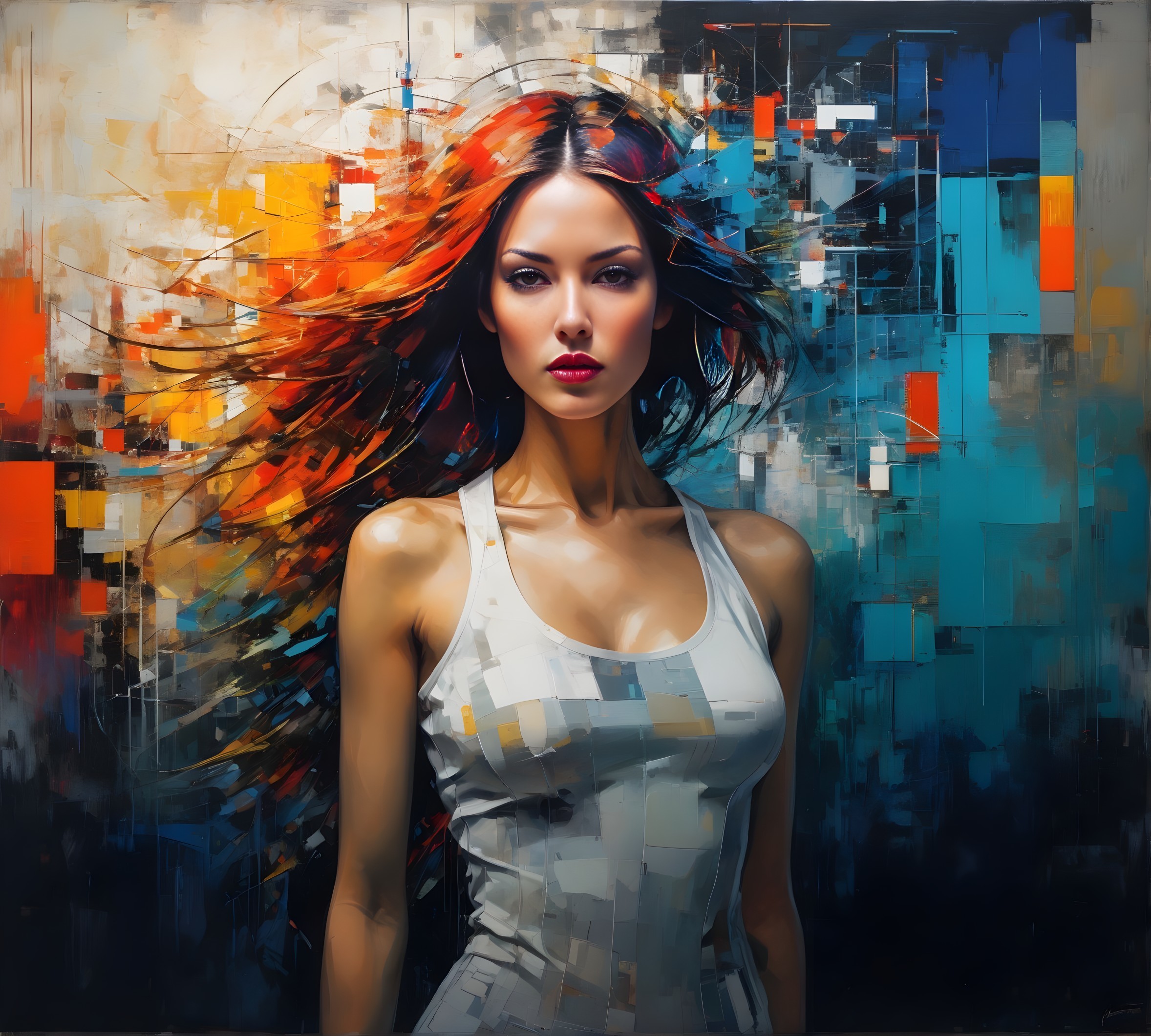 Striking Woman with Flowing Red Hair Against Abstract Background