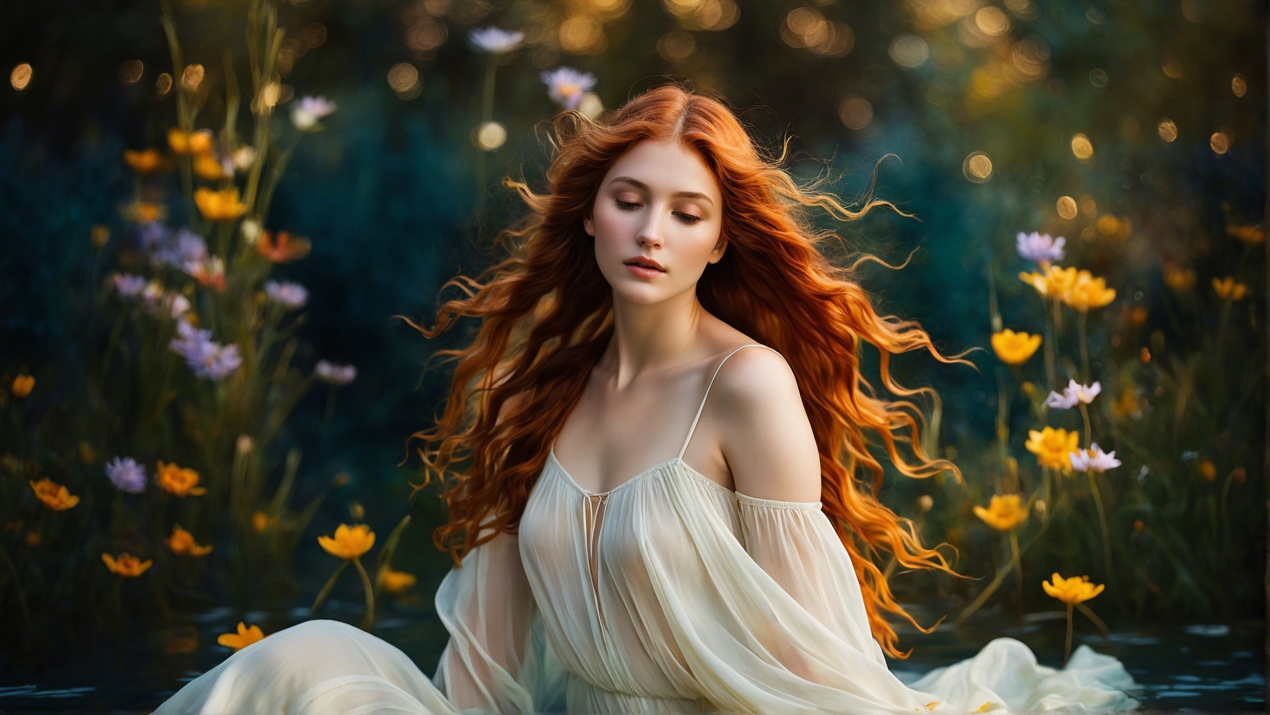 Young Woman in Ethereal Gown Surrounded by Flowers