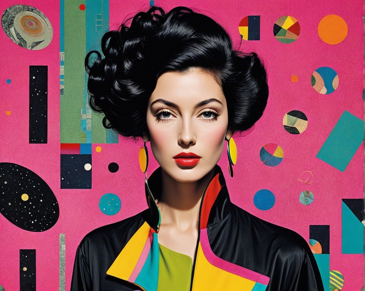 Glamorous Woman in Colorful Jacket Against Pink Background